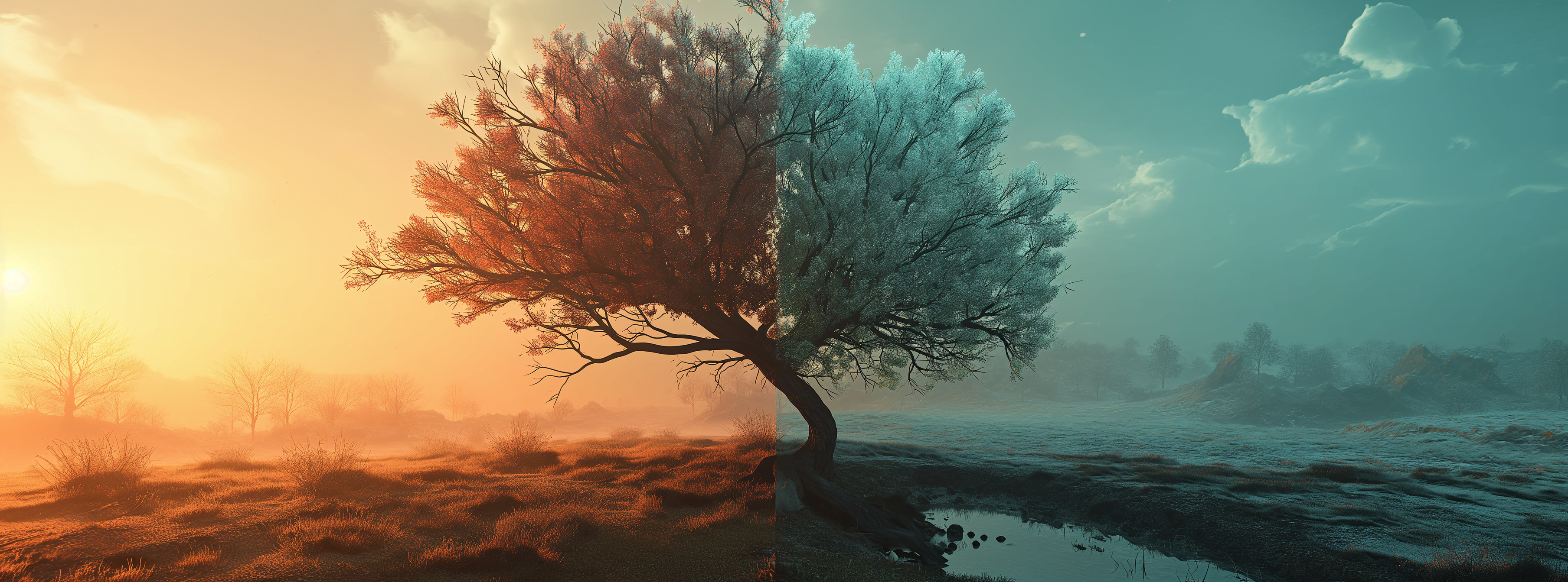 Paysage dystopique un arbre est gelé d'un côté et au soleil de l'autre